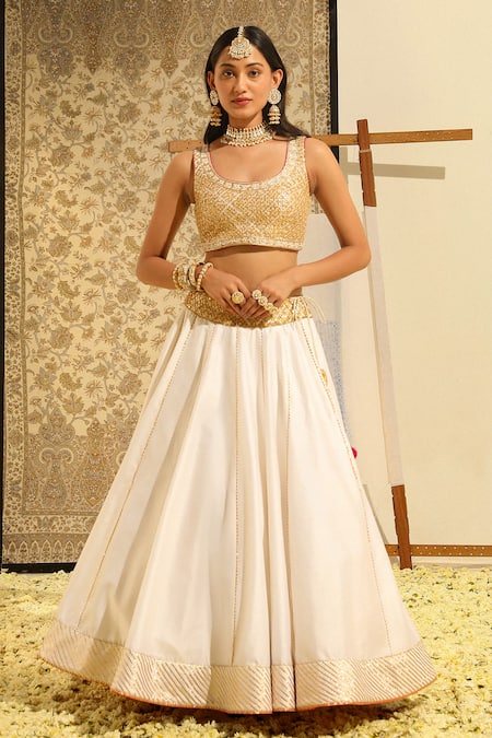Buy Sheetal Batra Ivory , Chanderi, Organza Aayan Floral Embroidered Blouse And Lehenga Set Online at Aza Fashions Buy_Sheetal Batra_Ivory , Chanderi, Organza Aayan Floral Embroidered Blouse And Lehenga Set _Online_at_Aza_Fashions
