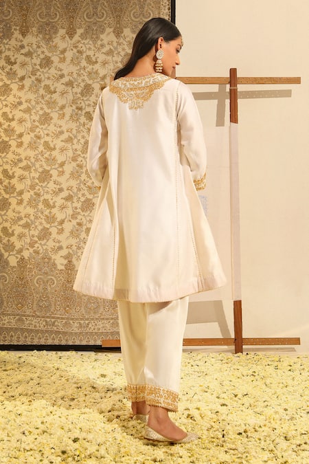 Shop Sheetal Batra Ivory Silk, Chanderi, Satin, Bamboo Fayaaz Embroidered Chauga Kurta With Salwar at Aza Fashions Shop_Sheetal Batra_Ivory Silk, Chanderi, Satin, Bamboo Fayaaz Embroidered Chauga Kurta With Salwar _at_Aza_Fashions
