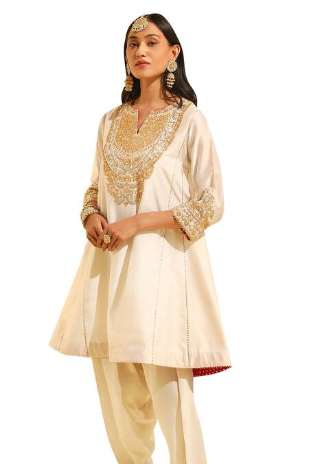Sheetal Batra Ivory Silk, Chanderi, Satin, Bamboo Fayaaz Embroidered Chauga Kurta With Salwar Online at Aza Fashions Sheetal Batra_Ivory Silk, Chanderi, Satin, Bamboo Fayaaz Embroidered Chauga Kurta With Salwar _Online_at_Aza_Fashions