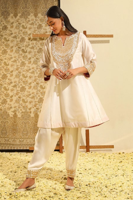 Buy Sheetal Batra Ivory Silk, Chanderi, Satin, Bamboo Fayaaz Embroidered Chauga Kurta With Salwar Online at Aza Fashions Buy_Sheetal Batra_Ivory Silk, Chanderi, Satin, Bamboo Fayaaz Embroidered Chauga Kurta With Salwar _Online_at_Aza_Fashions