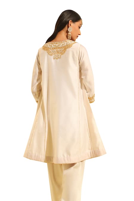 Shop Sheetal Batra Ivory Silk, Chanderi, Satin, Bamboo Fayaaz Embroidered Chauga Kurta With Salwar Online at Aza Fashions Shop_Sheetal Batra_Ivory Silk, Chanderi, Satin, Bamboo Fayaaz Embroidered Chauga Kurta With Salwar _Online_at_Aza_Fashions