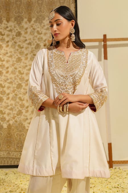 Sheetal Batra Ivory Silk, Chanderi, Satin, Bamboo Fayaaz Embroidered Chauga Kurta With Salwar at Aza Fashions Sheetal Batra_Ivory Silk, Chanderi, Satin, Bamboo Fayaaz Embroidered Chauga Kurta With Salwar _at_Aza_Fashions