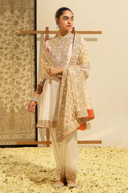 Sheetal Batra_Ivory Silk, Chanderi, Bamboo, Tissue Embroidery, Rajak Placket Kurta Salwar Set _Online_at_Aza_Fashions