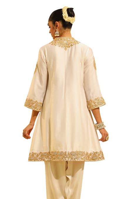 Buy_Sheetal Batra_Ivory Silk, Chanderi, Bamboo, Tissue Embroidery, Rajak Placket Kurta Salwar Set _Online_at_Aza_Fashions