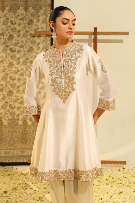 Shop_Sheetal Batra_Ivory Silk, Chanderi, Bamboo, Tissue Embroidery, Rajak Placket Kurta Salwar Set _Online_at_Aza_Fashions