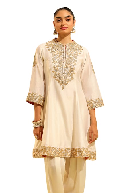 Sheetal Batra_Ivory Silk, Chanderi, Bamboo, Tissue Embroidery, Rajak Placket Kurta Salwar Set _at_Aza_Fashions
