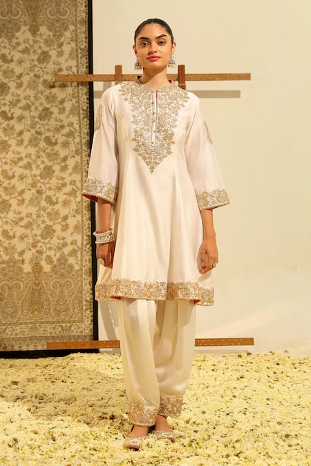 Buy_Sheetal Batra_Ivory Silk, Chanderi, Bamboo, Tissue Embroidery, Rajak Placket Kurta Salwar Set 