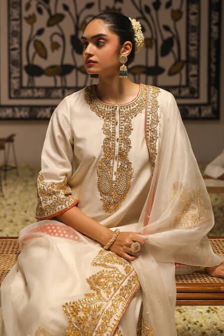 Sheetal Batra_Ivory Silk Organza, Silk, Chanderi Embroidery, Gota Sahana Kurta Palazzo Set _Online_at_Aza_Fashions