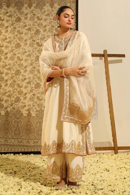 Buy_Sheetal Batra_Ivory Silk Organza, Silk, Chanderi Embroidery, Gota Sahana Kurta Palazzo Set _Online_at_Aza_Fashions