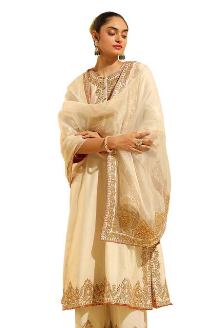 Shop_Sheetal Batra_Ivory Silk Organza, Silk, Chanderi Embroidery, Gota Sahana Kurta Palazzo Set _Online_at_Aza_Fashions