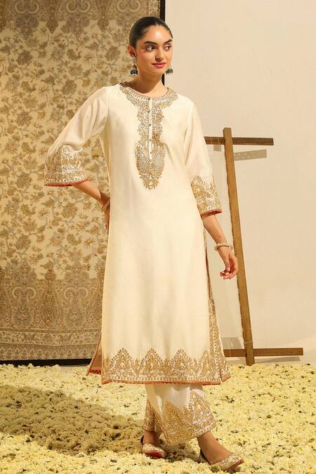 Sheetal Batra_Ivory Silk Organza, Silk, Chanderi Embroidery, Gota Sahana Kurta Palazzo Set _at_Aza_Fashions