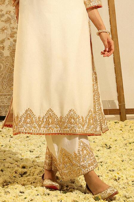 Buy_Sheetal Batra_Ivory Silk Organza, Silk, Chanderi Embroidery, Gota Sahana Kurta Palazzo Set 