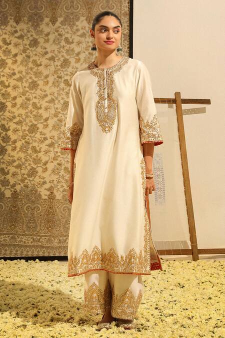 Shop_Sheetal Batra_Ivory Silk Organza, Silk, Chanderi Embroidery, Gota Sahana Kurta Palazzo Set 