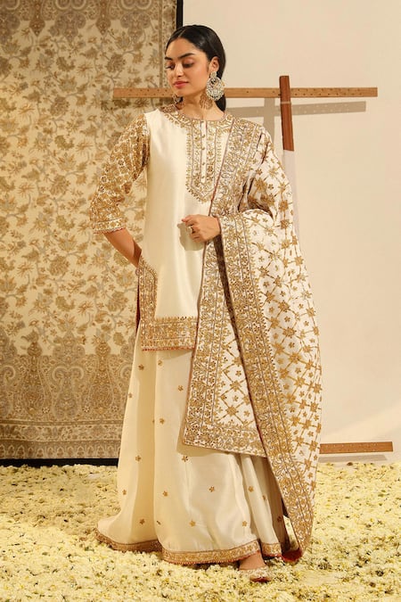 Sheetal Batra Ivory Kurta And Sharara Silk Chanderi Embroidery Dabka Shadaab Gota Patti Set 