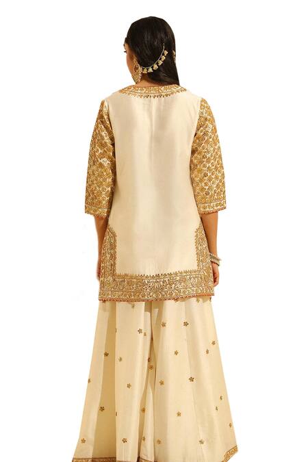 Sheetal Batra Ivory Silk Organza, Silk, Chanderi Shadaab Gota Patti Kurta Sharara Set Online at Aza Fashions Sheetal Batra_Ivory Silk Organza, Silk, Chanderi Shadaab Gota Patti Kurta Sharara Set _Online_at_Aza_Fashions