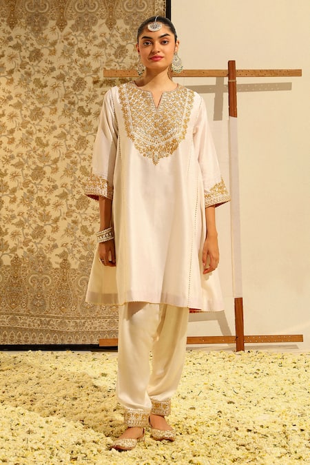 Sheetal Batra Ivory Kurta Silk Chanderi Embroidery Dabka Notched Shaheen Chauga With Salwar 