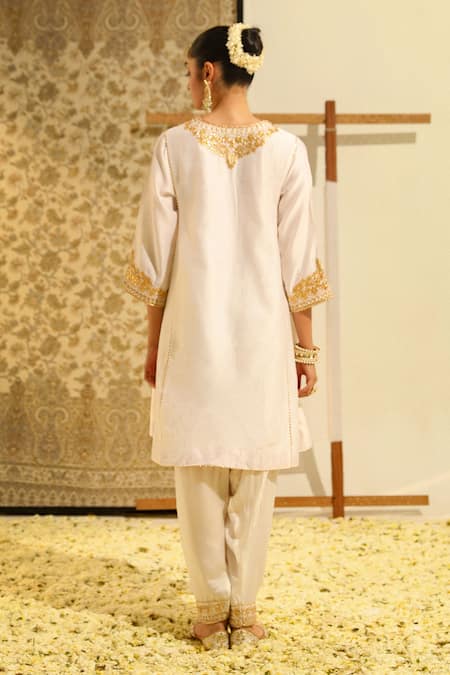 Sheetal Batra Ivory Silk, Chanderi, Bamboo Embroidery Split Shaheen Chauga Kurta With Salwar Online at Aza Fashions Sheetal Batra_Ivory Silk, Chanderi, Bamboo Embroidery Split Shaheen Chauga Kurta With Salwar _Online_at_Aza_Fashions