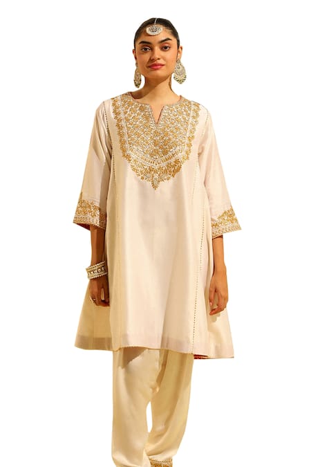 Buy Sheetal Batra Ivory Silk, Chanderi, Bamboo Embroidery Split Shaheen Chauga Kurta With Salwar Online at Aza Fashions Buy_Sheetal Batra_Ivory Silk, Chanderi, Bamboo Embroidery Split Shaheen Chauga Kurta With Salwar _Online_at_Aza_Fashions