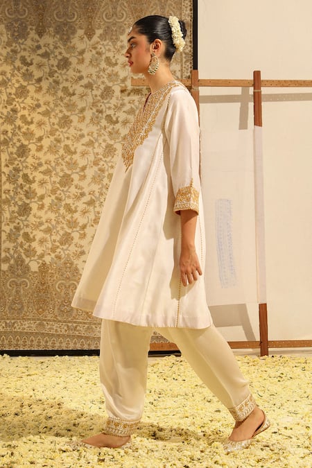 Shop Sheetal Batra Ivory Silk, Chanderi, Bamboo Embroidery Split Shaheen Chauga Kurta With Salwar Online at Aza Fashions Shop_Sheetal Batra_Ivory Silk, Chanderi, Bamboo Embroidery Split Shaheen Chauga Kurta With Salwar _Online_at_Aza_Fashions