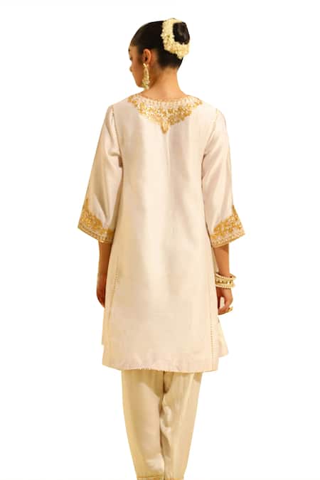 Sheetal Batra Ivory Silk, Chanderi, Bamboo Embroidery Split Shaheen Chauga Kurta With Salwar at Aza Fashions Sheetal Batra_Ivory Silk, Chanderi, Bamboo Embroidery Split Shaheen Chauga Kurta With Salwar _at_Aza_Fashions