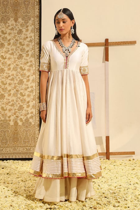 Buy_Sheetal Batra_Ivory Organza, Satin, , Shaiz Placement Anarkali And Skirt Set _Online_at_Aza_Fashions