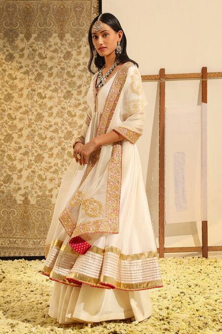 Shop_Sheetal Batra_Ivory Organza, Satin, , Shaiz Placement Anarkali And Skirt Set _Online_at_Aza_Fashions