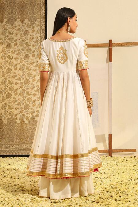 Buy_Sheetal Batra_Ivory Organza, Satin, , Shaiz Placement Anarkali And Skirt Set 