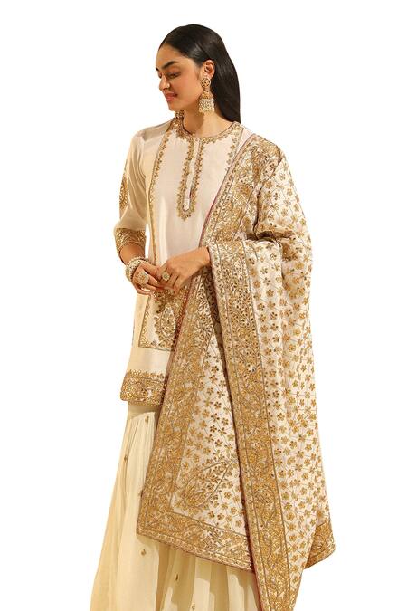 Shop Sheetal Batra Ivory Organza, Embroidery Round Neck Siraj Paisley Kurta Gharara Set Shop_Sheetal Batra_Ivory Organza, Embroidery Round Neck Siraj Paisley Kurta Gharara Set