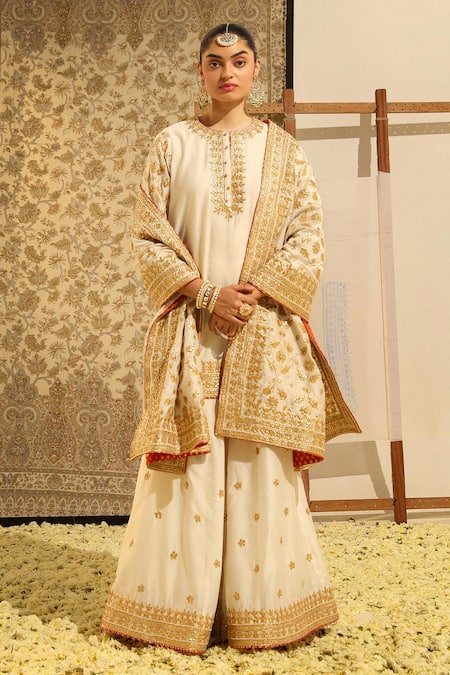 Sheetal Batra Ivory Kurta And Sharara Silk Chanderi Embroidery Dabka Suleman Gota Patti Set 