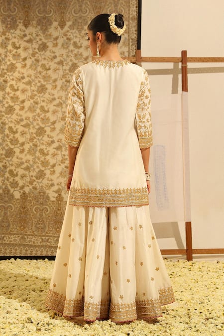 Shop Sheetal Batra Ivory Silk Organza, Silk, Chanderi Suleman Gota Patti Kurta Sharara Set at Aza Fashions Shop_Sheetal Batra_Ivory Silk Organza, Silk, Chanderi Suleman Gota Patti Kurta Sharara Set _at_Aza_Fashions
