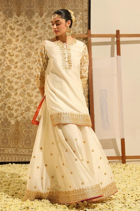 Shop Sheetal Batra Ivory Silk Organza, Silk, Chanderi Suleman Gota Patti Kurta Sharara Set Online at Aza Fashions Shop_Sheetal Batra_Ivory Silk Organza, Silk, Chanderi Suleman Gota Patti Kurta Sharara Set _Online_at_Aza_Fashions
