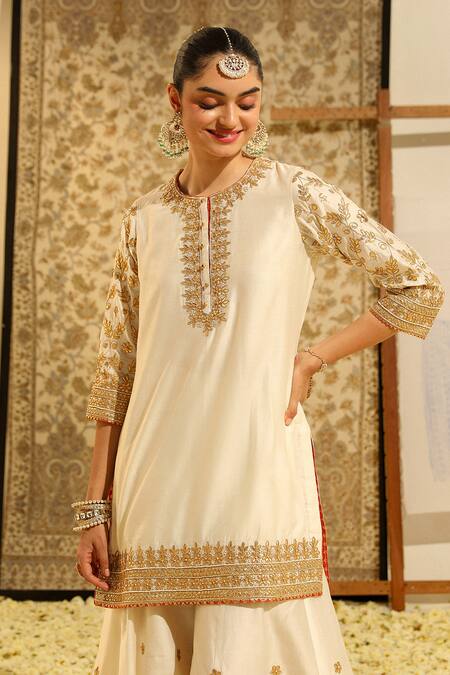 Shop Sheetal Batra Ivory Silk Organza, Silk, Chanderi Suleman Gota Patti Kurta Sharara Set Shop_Sheetal Batra_Ivory Silk Organza, Silk, Chanderi Suleman Gota Patti Kurta Sharara Set