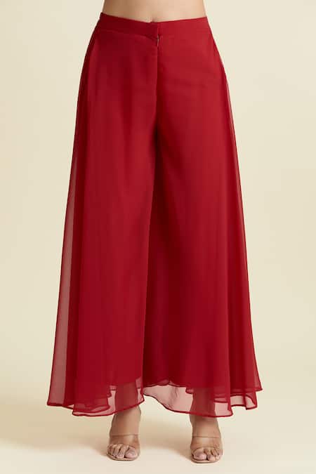 Buy_Samyukta Singhania_Red Georgette Mirrors, Embroidery Sweetheart Neck Yoke Tunic Set _Online_at_Aza_Fashions