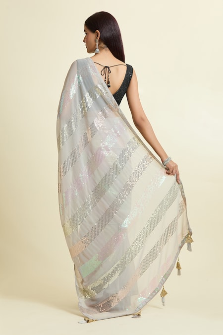 Naintara Bajaj Stripe Sequined Saree With Unstitched Blouse Piece 