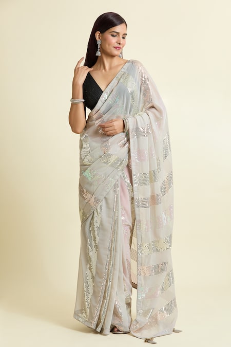 Naintara Bajaj_Grey Georgette, Brocade Sequins Stripe Saree With Unstitched Blouse Piece _Online_at_Aza_Fashions