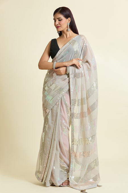Buy_Naintara Bajaj_Grey Georgette, Brocade Sequins Stripe Saree With Unstitched Blouse Piece _Online_at_Aza_Fashions