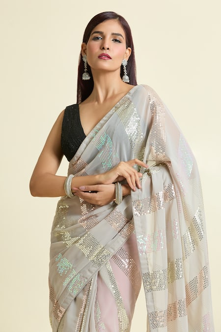 Shop_Naintara Bajaj_Grey Georgette, Brocade Sequins Stripe Saree With Unstitched Blouse Piece _Online_at_Aza_Fashions