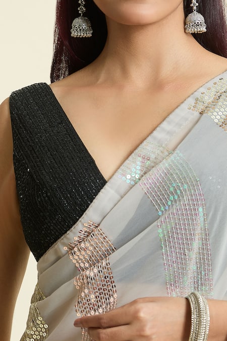 Naintara Bajaj_Grey Georgette, Brocade Sequins Stripe Saree With Unstitched Blouse Piece _at_Aza_Fashions