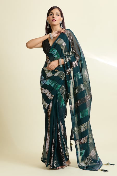 Buy_Naintara Bajaj_Green Georgette, Brocade Sequins Stripe Saree With Unstitched Blouse Piece _Online_at_Aza_Fashions