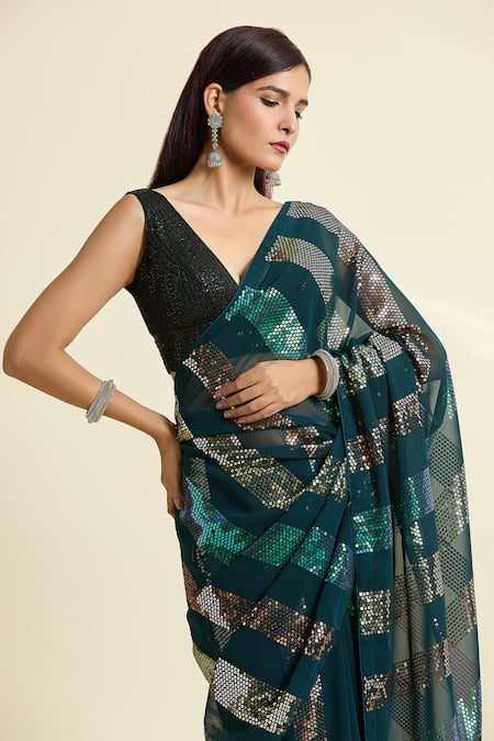 Naintara Bajaj_Green Georgette, Brocade Sequins Stripe Saree With Unstitched Blouse Piece _at_Aza_Fashions