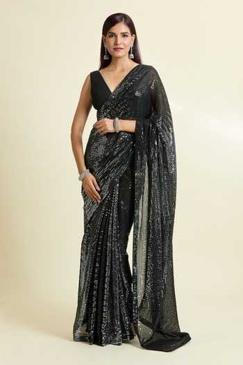 Black Embroidered Georgette Saree With Unstitched Blouse Piece