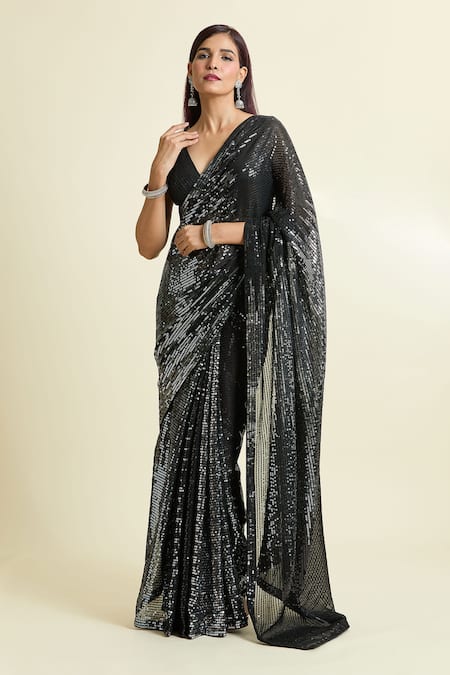 Naintara Bajaj_Black Georgette, Silk Sequins Saree With Unstitched Blouse Piece _Online_at_Aza_Fashions