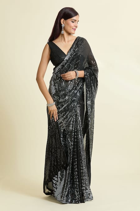 Buy_Naintara Bajaj_Black Georgette, Silk Sequins Saree With Unstitched Blouse Piece _Online_at_Aza_Fashions