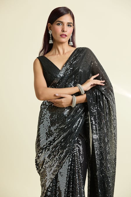 Shop_Naintara Bajaj_Black Georgette, Silk Sequins Saree With Unstitched Blouse Piece _Online_at_Aza_Fashions