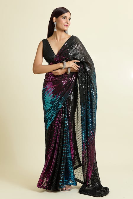 Buy_Naintara Bajaj_Black Georgette, Silk Sequins Gradient Saree With Unstitched Blouse Piece _Online_at_Aza_Fashions