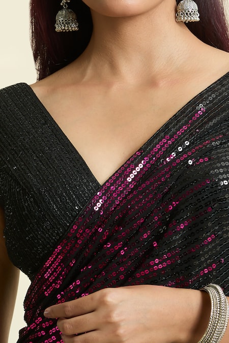 Naintara Bajaj_Black Georgette, Silk Sequins Gradient Saree With Unstitched Blouse Piece _at_Aza_Fashions