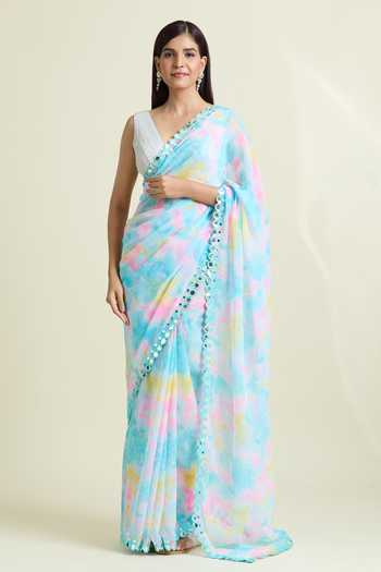 Women Blue Cotton Blend Printed Saree With Unstitched Blouse