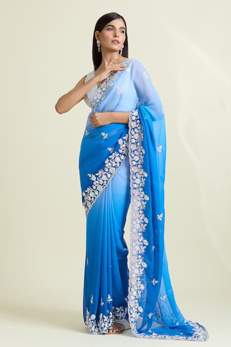 Naintara Bajaj_Blue Georgette, Brocade Ombre Embellished Saree With Unstitched Blouse Piece_Online_at_Aza_Fashions