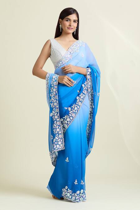 Buy_Naintara Bajaj_Blue Georgette, Brocade Ombre Embellished Saree With Unstitched Blouse Piece_Online_at_Aza_Fashions