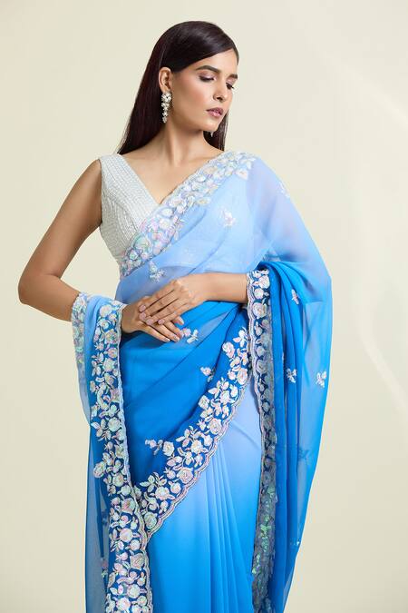Shop_Naintara Bajaj_Blue Georgette, Brocade Ombre Embellished Saree With Unstitched Blouse Piece_Online_at_Aza_Fashions